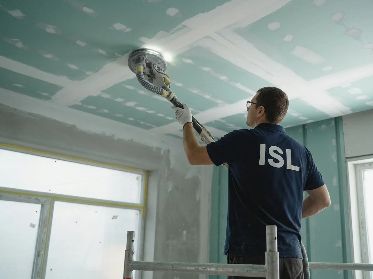 Finition d'un plafond isolant par un technicien ISL